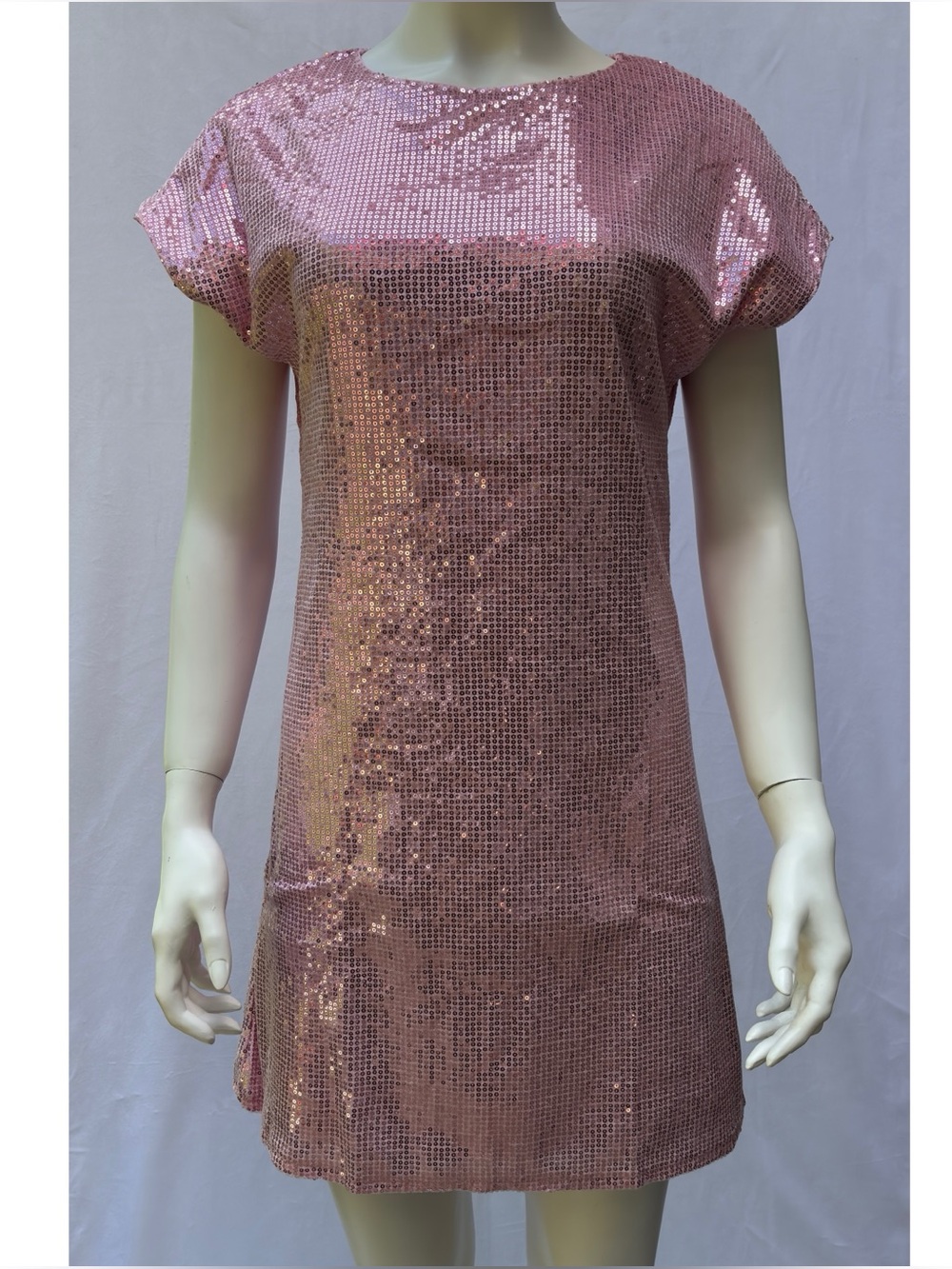 Femi Semi S Pink Sequins Y2K Short Sleeve Formal Dress Mini Shift Wedding NWT